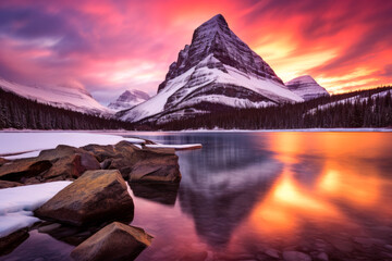 Wall Mural - A snow-capped mountain reflected in a lake. The mountain is tall and imposing, with jagged peaks and a steep slope, sunset