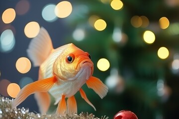 a cute goldfish wearing a santa claus hat under a christmas tree