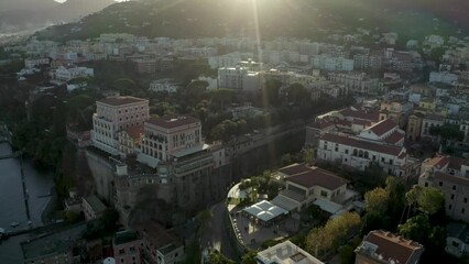 Wall Mural - Beautiful sunrise over Sorrento.  Amalfi Coast, Italy.  4k Aerial drone footage.  