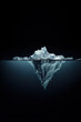 Iceberg isolated on black background,  Hidden Danger And Global Warming Concept, nature magazine illustration. Above and below water. Water line. Copy space.