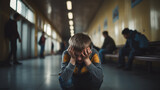Fototapeta  - Dziecko kuca i chowa twarz w rękach na szkolnym korytarzu. Wystraszone, przygnębione.