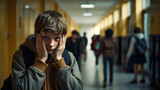 Fototapeta  - Dziecko chowa twarz w rękach na szkolnym korytarzu. Wystraszone, przygnębione.
