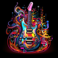 Wall Mural - Surreal, psychedelic, neon lit guitars, minimalist, on a black background.