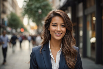 Young beautiful business woman walks on city street during sunset time