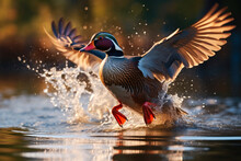 Majestic Wood Duck Taking Off From Water With Splashes, In Golden Light.
