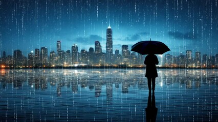 Wall Mural - Seamless loop animation. People, Person Reading in the Rain, Standing Rainy Night City Holding Umbrella. Photorealistic silhouette. High tech city lights --c 50. Created using Generative AI Technology