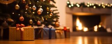 Gifts Under The Christmas Tree, Chimney At The Background, Cozy Living Room With Wooden Floor, Close Up On Present Boxes For Christmas And New Year