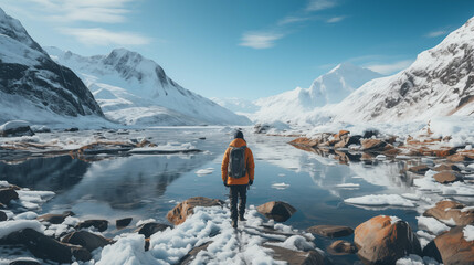 Poster - traveler in glacier in the mountains