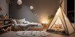 Tent indoor bedroom camping fun tipi sleep over childrens bedroom interior warm lighting, generated ai