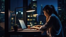 Women Staying At Night Doing Work At Office