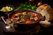 A hearty bowl of traditional Irish stew, brimming with tender chunks of lamb, carrots, potatoes, and onions, simmered to perfection and served with a side of fresh, crusty bread