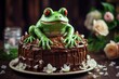A close-up shot of a beautifully decorated frog cake, with vibrant green icing and intricate details, sitting on a rustic wooden table, ready to be served at a children's birthday party