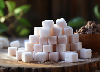 Sticker - sugar cubes on a wooden background