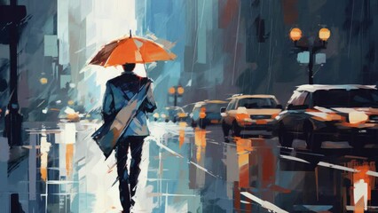 Wall Mural - Seamless loop animation. People, Person with Newspaper, Standing Rainy Night City Holding Umbrella. Photorealistic silhouette. High tech city lights --c 50. Created using Generative AI Technology