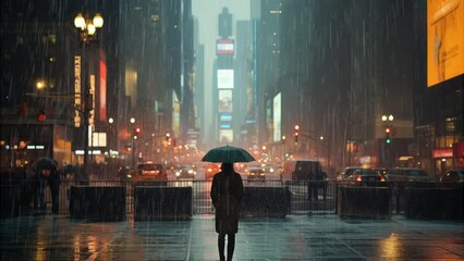 Wall Mural - Seamless loop animation. People, Person Taking a Photo, Standing Rainy Night City Holding Umbrella. Photorealistic silhouette. High tech city lights --c 50. Created using Generative AI Technology