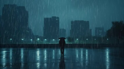 Wall Mural - Seamless loop animation. People, Person Taking a Photo, Standing Rainy Night City Holding Umbrella. Photorealistic silhouette. High tech city lights --c 50. Created using Generative AI Technology