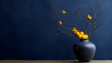 one yellow flower, curly willow branch, cobalt blue vase