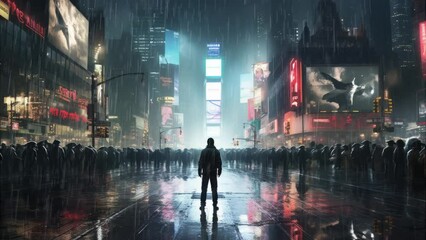 Wall Mural - Seamless loop animation. People, Person with a Laptop, Standing Rainy Night City Holding Umbrella. Photorealistic silhouette. High tech city lights --c 50. Created using Generative AI Technology