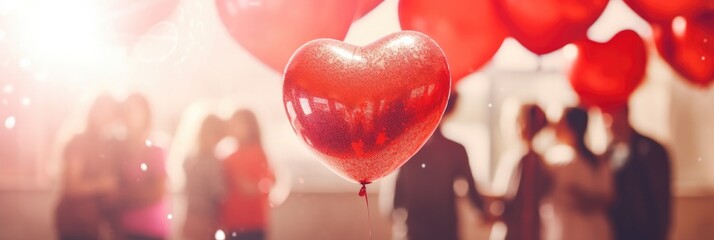 defocused children holding red glossy foil hearts balloons . Around people party valentine day blurred