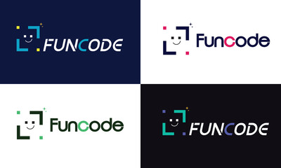 Fun Coding logo vector, coding programming icon vector template, programming logo, smile face logo coding symbol