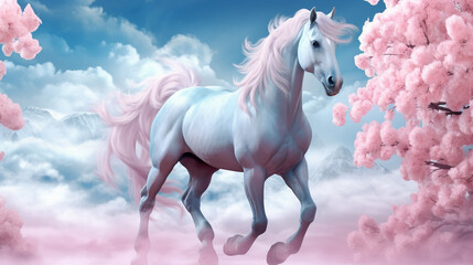 Wall Mural - white horse runs gallop HD 8K wallpaper Stock Photographic Image 