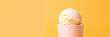 white ice cream on a brown cookie on a yellow background, advertising banner, web banner, Place for your text, copy space, empty space, Generative AI