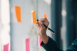 © amnaj - Close-up of hand Businesswoman writing sticky note to her mirror at the office. Business woman brainstorming and working and writing on the glass board in office.