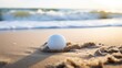 White golf ball on tee on beach sand with soft focus