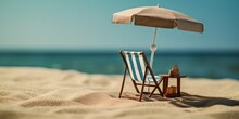 Miniature Beach Chair On The Beach With An Umbrella, Generative AI