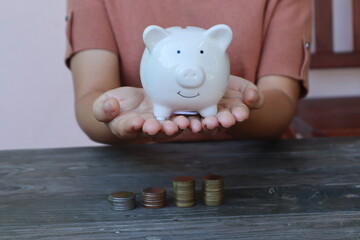 hand put money coin into piggy for saving money wealth