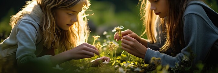 two teens look at plants, in the style of play of light, flower and nature motifs, generative AI