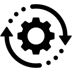 Black single round gear workflow icon, simple cog wheel process cycle glyph flat design svg vector pictogram, infographic interface elements for app logo web button ui ux isolated on white background