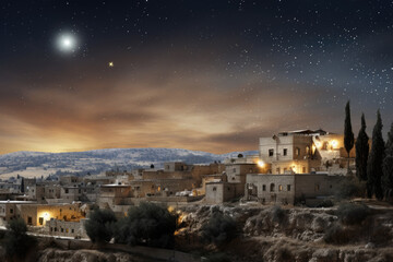 Wall Mural - Christmas star over city of Bethlehem. Nativity story. Birth of Jesus Christ. Beautiful dark blue starry sky and bright star background