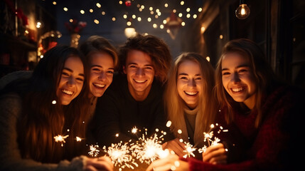 Wall Mural - Group of happy young friends holding sparklers at a new year's eve party