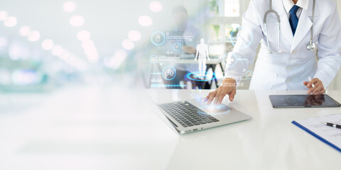 Medicine doctor using computer laptop show virtual electronic medical record for medical technology and  futuristic healthcare Innovation concept.