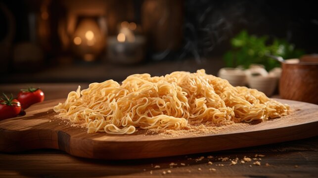 noodles are sitting on top of a wooden board