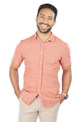 Wall Mural - fashion, portrait and happy business man with confidence, pride or positive attitude on isolated, tr
