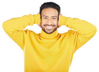 Wall Mural - portrait, smile or man cover ears for noise or loud sound isolated on a png transparent background. 