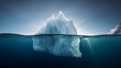 Lone iceberg in the ocean, iceberg above the water and under water floating in the serene sea