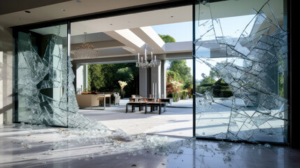 Broken glass windows and doors in a private house outside the city