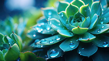 Close-up Of Green Blue  Succulent   Plant Covered With Water Drop. Water Preservation Concept.,close Up Of A Green  Plant