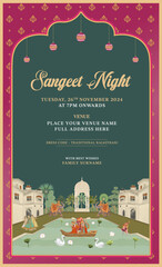 Wall Mural - Traditional Indian Mughal-style sangeet night invitation card design for printing.