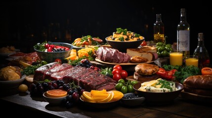 Wall Mural - Top view table full of delicious food composition