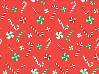 Seamless pattern with lollipop stick, red stripes on a red background. Vector illustration of candy canes, Christmas candy.