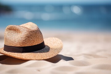 Sticker - Straw hat on the sand with sea and blue sky background, Straw hat and sunglasses on the beach close up, AI Generated