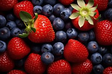 Poster - Strawberries and blueberries on a dark background close-up, strawberries and blueberries HD 8K wallpaper Stock Photographic Image, AI Generated