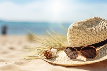 Poster - Straw hat and sunglasses on the beach with sea and sky background, Straw hat and sunglasses on the beach close up, AI Generated