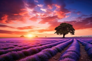 Wall Mural - Lavender field at sunset in Provence, France, Stunning lavender field landscape Summer sunset with single tree, AI Generated