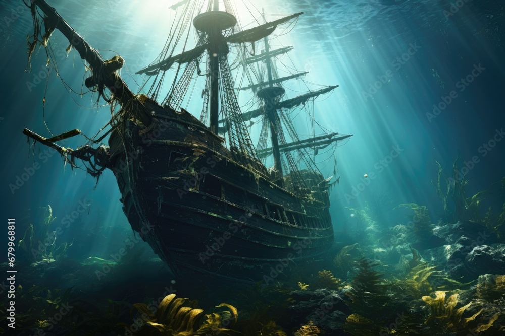 Sunken pirate ship in the sea. Underwater world, sunken tall ship, AI ...