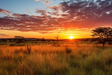 Wall Mural - Sunset in the Okavango Delta - Moremi National Park in Botswana, Sunrise over the savanna and grass fields in central Kruger National Park in South Africa, AI Generated